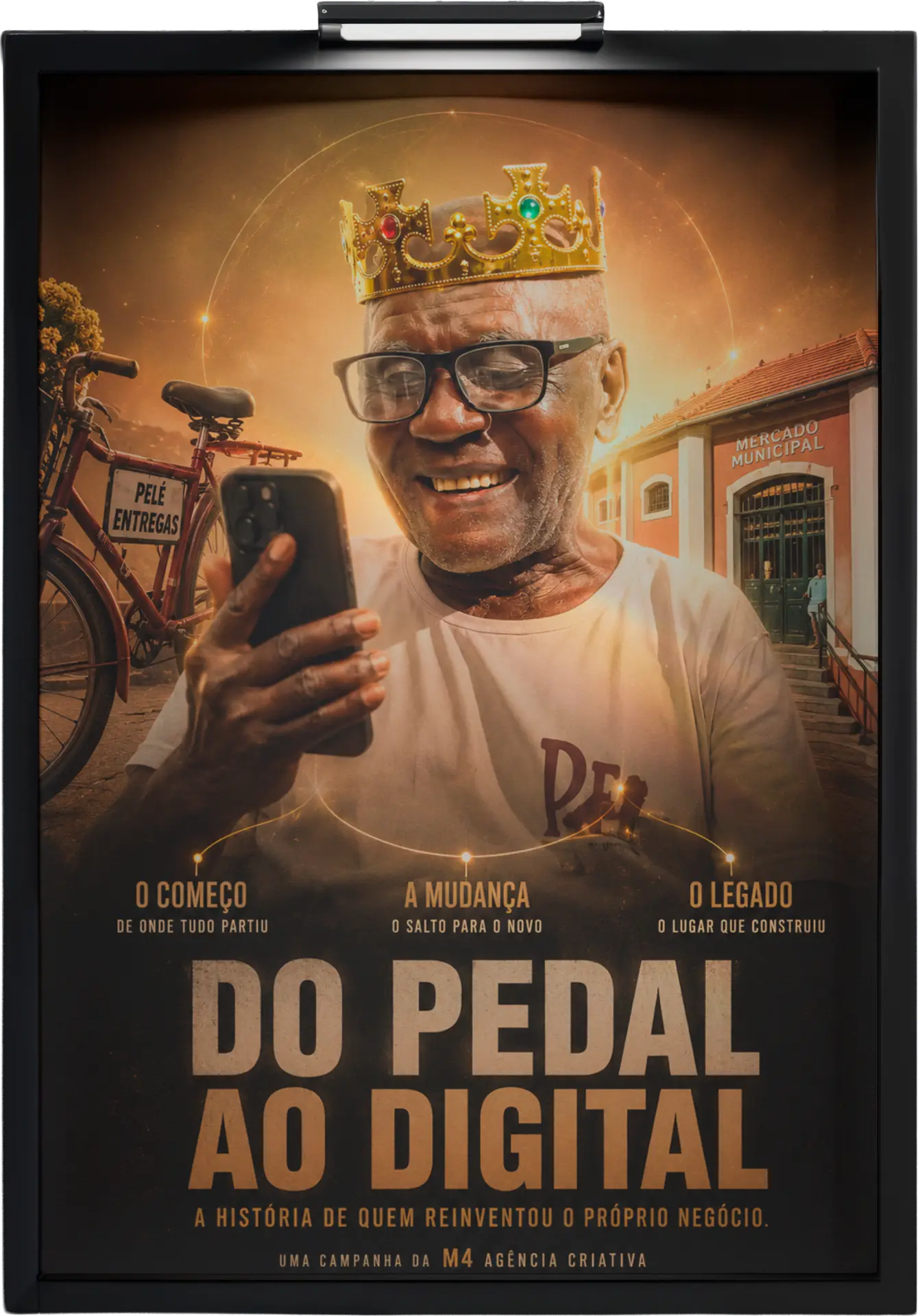 Pôster oficial da campanha Do Pedal ao Digital exposto como um quadro